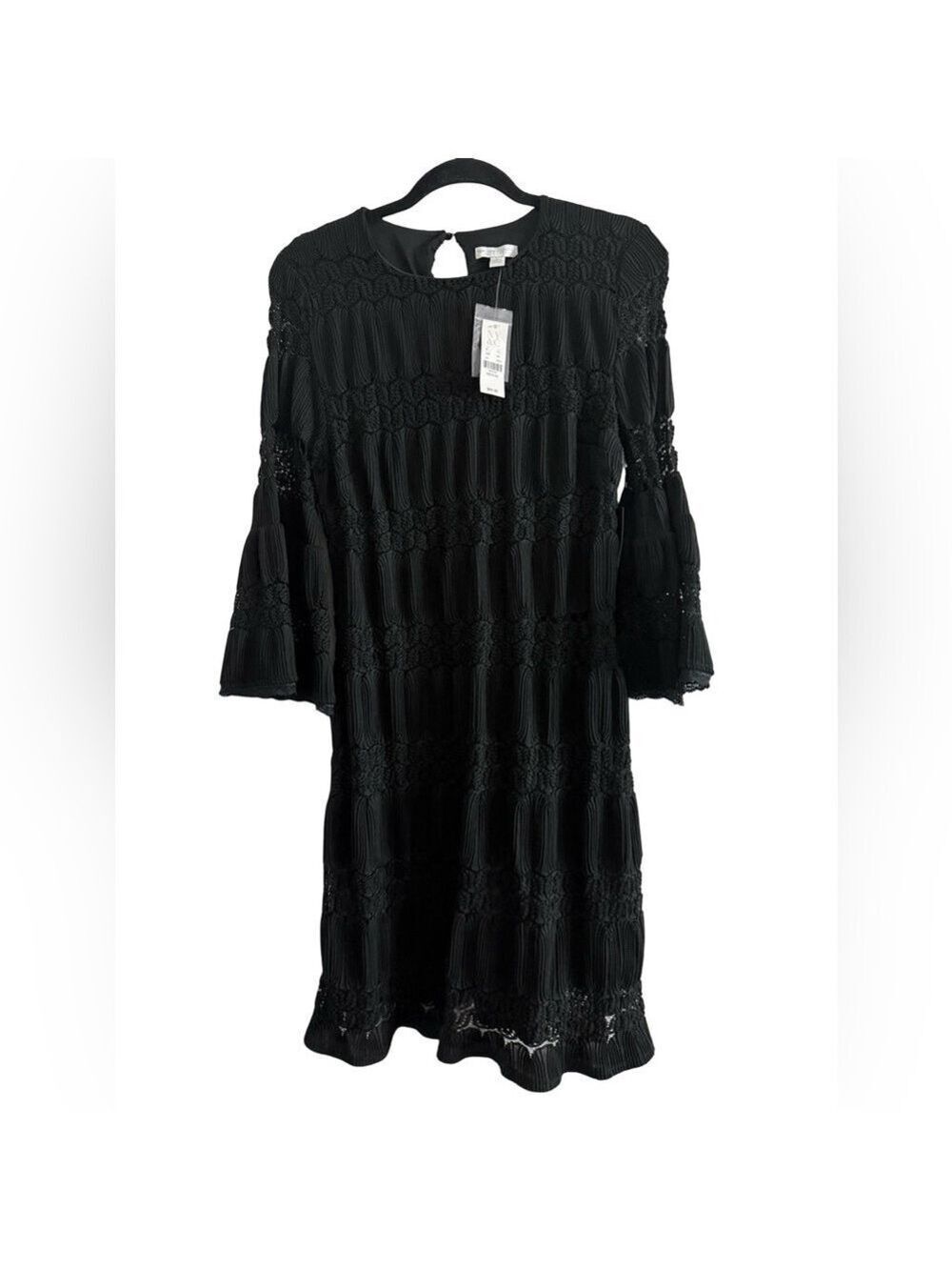 NY & Co Crochet Trim Dress Stretch Bell Long Sleeve Black Medium $70 NWT Party